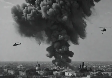 <lora:Smoke_XL:1>, middle shot, modern Ukrainian bombed out city with churches, helicopters overhead, in the form of smoke_xl