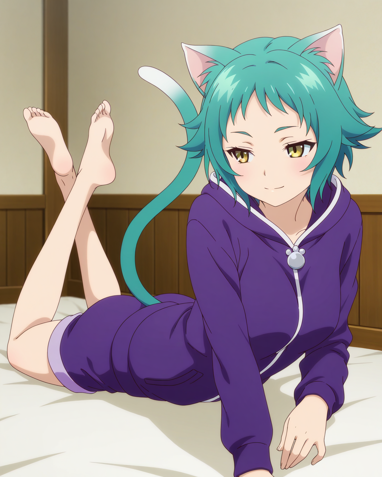 (purple hoodie purple shorts:1.50), 
ys-yaya, green hair, short hair, yellow eyes, 
1girl, (solo:1.60), skinny,
(masterpiece, best quality, amazing quality, absurdres, high quality, highres, masterpiece), 
light smile,
the pose,
(:1.70), 
BREAK,
,
,
(anime coloring),
medium breasts,
cat ears, cat tail
<lora:ys-yaya-V01-illXL:0.70>