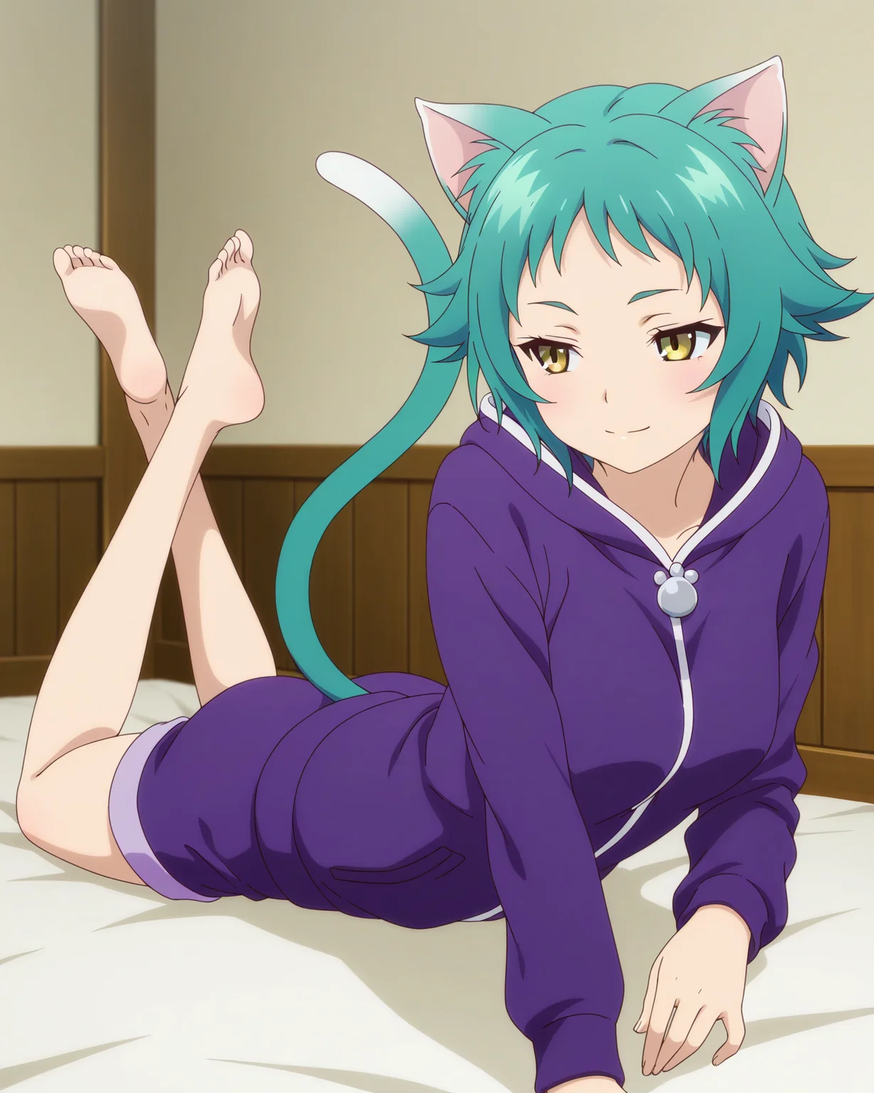 (purple hoodie purple shorts:1.50),
ys-yaya, green hair, short hair, yellow eyes,
1girl, (solo:1.60), skinny,
(masterpiece, best quality, amazing quality, absurdres, high quality, highres, masterpiece),
light smile,
the pose,
(:1.70),
BREAK,
,
,
(anime coloring),
medium breasts,
cat ears, cat tail
<lora:ys-yaya-V01-illXL:0.70>