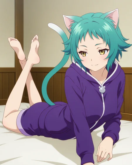 (purple hoodie purple shorts:1.50),
ys-yaya, green hair, short hair, yellow eyes,
1girl, (solo:1.60), skinny,
(masterpiece, best quality, amazing quality, absurdres, high quality, highres, masterpiece),
light smile,
the pose,
(:1.70),
BREAK,
,
,
(anime coloring),
medium breasts,
cat ears, cat tail
<lora:ys-yaya-V01-illXL:0.70>