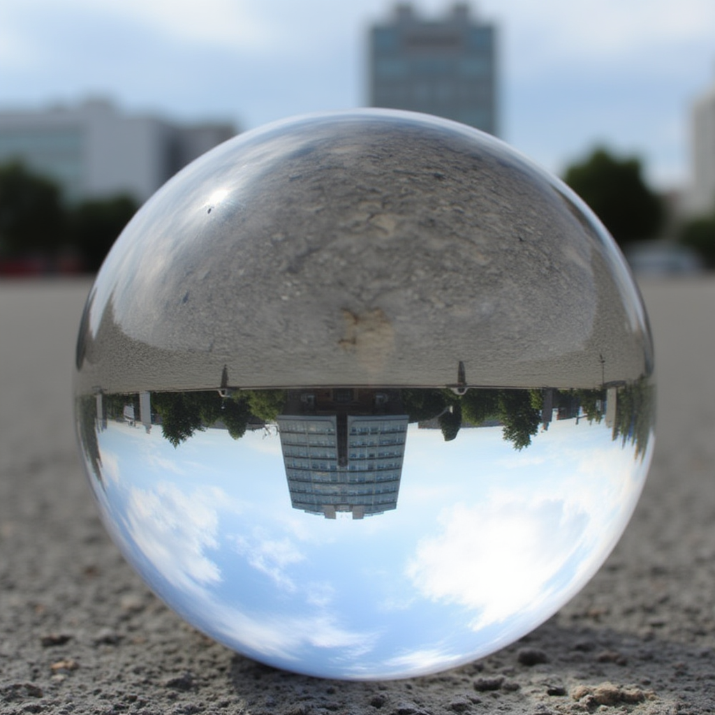 Photography of a glass ball showing a very distorted and inverted image of a high rise building, with sky at the bottom and the ground at the top. The same building can be seen blurry in the background <lora:refraction-000111:1>
