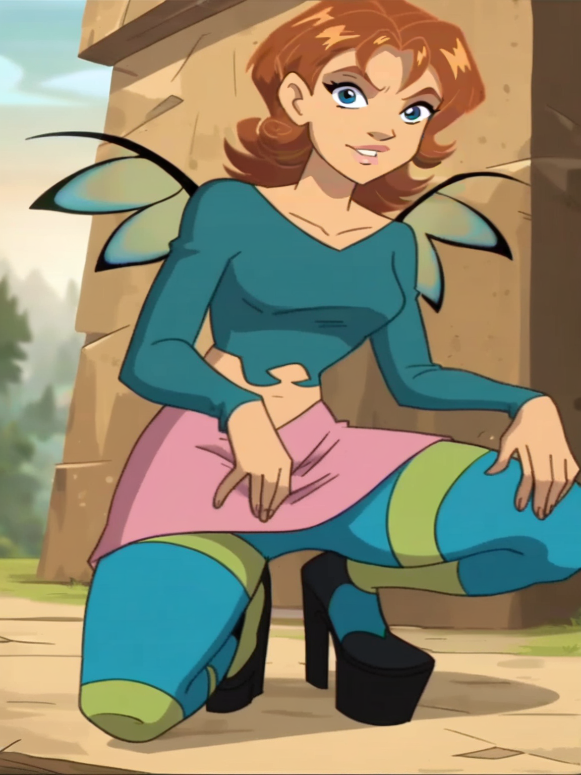 <lora:Irma_Lair:0.7>ir_ma, 1girl, auburn hair, short hair, slightly wavy hair, greenish-blue eyes, fairy wings, blue longsleeve top, pink skirt, blue-green leggings,  looking at viewer, squatting, front view, spreading legs, platform heels, high quality, score_9, score_8_up, score_7_up,