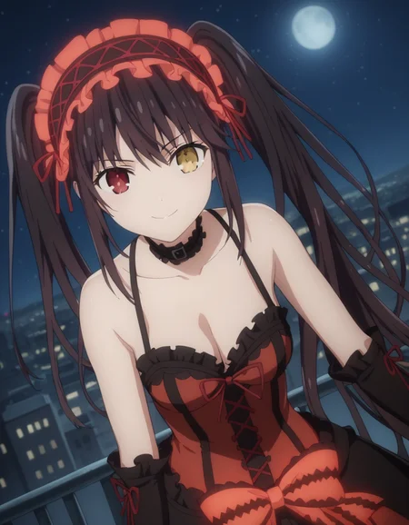 score_9, score_8_up, score_7_up, source_anime,
kurumitokisaki, <lora:kurumi-tokisaki-s4s5-ponyxl-lora-nochekaiser:1>,
kurumi tokisaki, black hair, red eyes, long hair,
twintails, yellow eyes, hairband, heterochromia, dress, red dress, bare shoulders, collarbone, choker, bowtie, red bowtie, detached sleeves, corset, frills, cleavage,
outdoors, cityscape, night, moon, starry sky, bent over, smile,
looking at viewer, solo, cowboy shot, dutch angle,