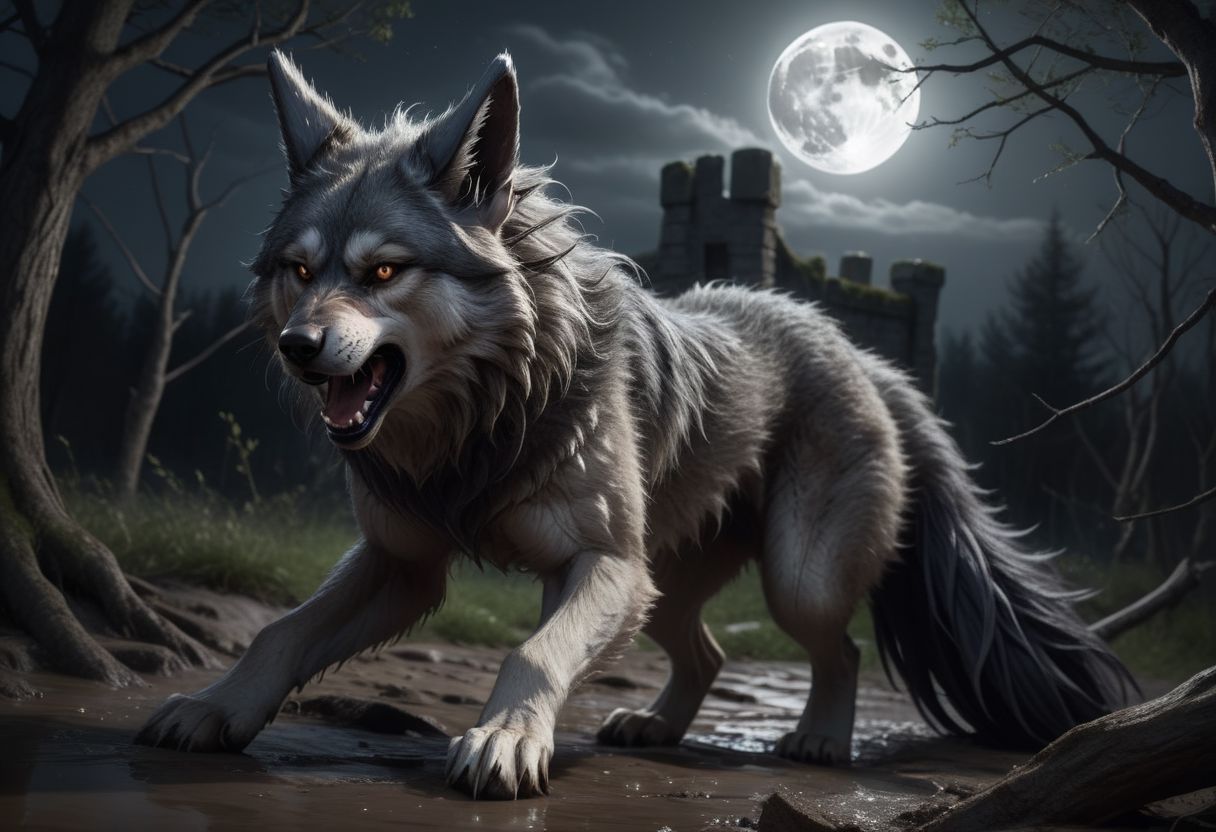 Curvy aggressive wolf very young girl, werewolf, dark (shiny:1.2) very long voluminous hair, very pale candid smooth muscular skin, grey vertical pupil eyes, dressed of ripped rough tube top
Big long fluffy (wolf ears:2), Hair grow out of back spine down into long fluffy large (wolf tail:2), tail starting from above buttocks, tail starting from spine, hair on her spine, hair on her chest, big curly hair, messy hair, dark gray hair and fur.
Girl on hands and feet, from above, hips up, arched back, menacing pose, attacking, tail up, girl laying on stomach, running, jumping, fast, movement, turning back, looking behind, hunted, persecuted.
Girl expression is menacing, growling aggressively, showing pointy canine teeth, expression wrinkles, shouting, yelling.
Outside, forset, medieval, fantasy, dark sky, night, full moon, harsh light, specular, dirt, grass, fallen trees, puddle, mud, rocks, obstacles, rich vegetation, bushes, plants, (uneven terrain:1.4), debris and dirt and grass kicked up by the girl.
Night time, Scarse light, rim light, tree shadows, hiding in the shadow, cold colors, eerie.
HDR, OLED, High contrast, deep blacks, 8k, hyper realistic, reflection, caustics, intense bounce light