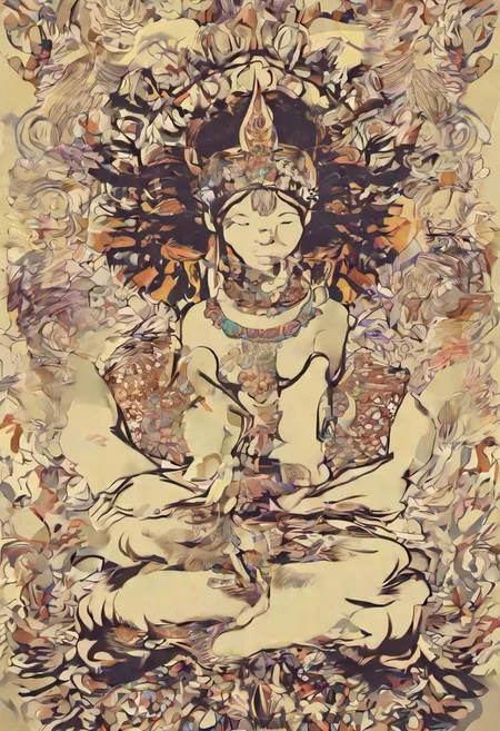 v0ng44g sk3tch, drawing, prehistorical indonesia, a young woman sitting in a meditating pose, crowned with fern leaf, organic headdress composition, in a tropical jungle, intricate hyperdetailed symmetry, dramatic top lighting, glitch effect, mandala