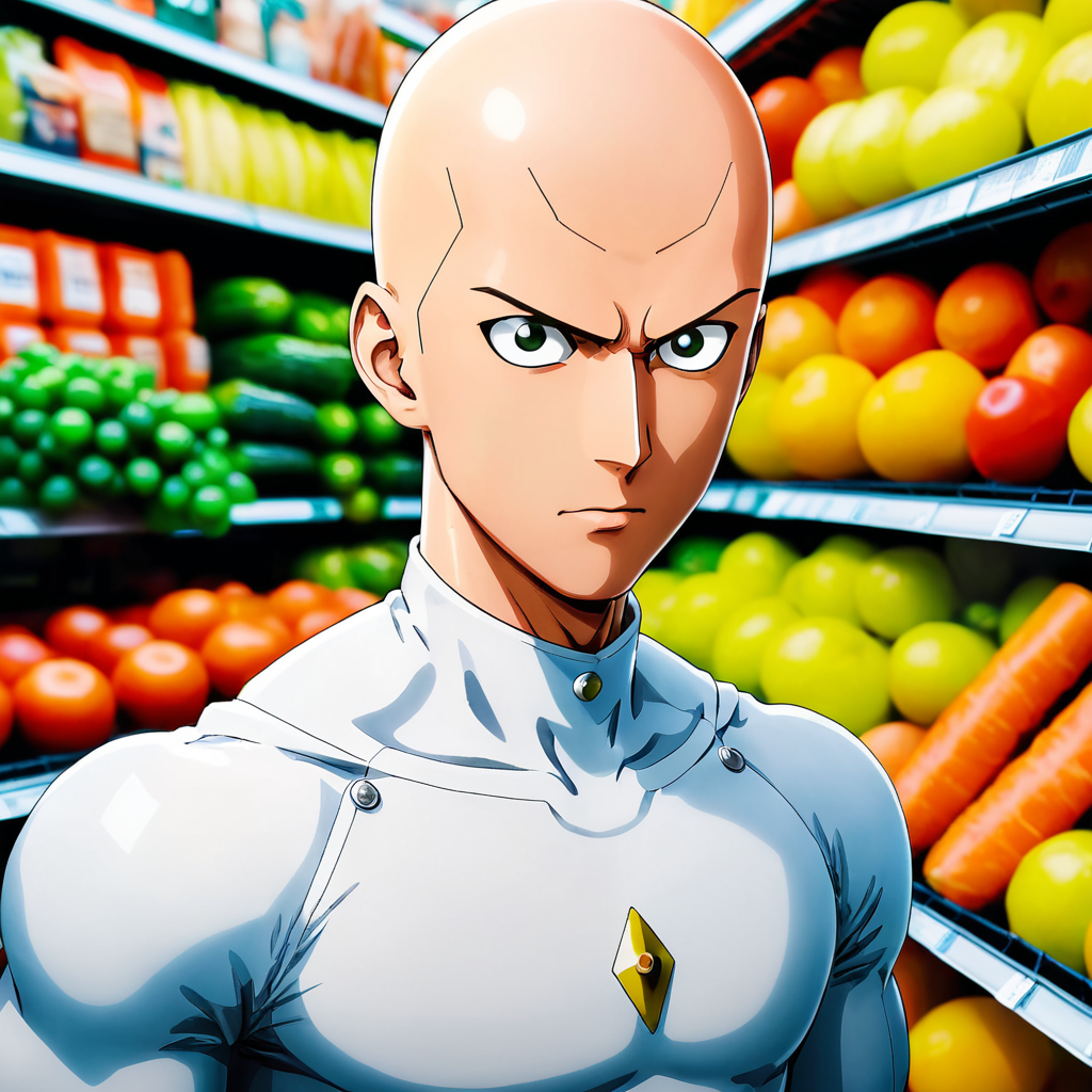 portrait of saitama \(one-punch man\) in a grocery store, close-up,<lora:NewCenturyRenderXL:1>