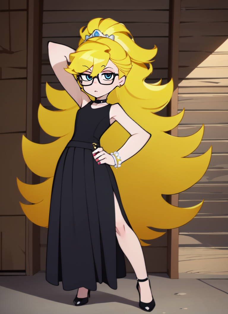((best quality)), ((highly detailed)), absurdres, extremely detailed face, beautiful face, (detailed eyes, deep eyes), (1girl), (glasses), dynamic pose, full body, very wide shot, princess, ((very long hair)), <lora:big_hair-1.0:1>, big hair, curly hair, blonde hair, large dress, (maxi skirt), tiara, (indoors, in a garage, car), <lora:PSG06:.65>