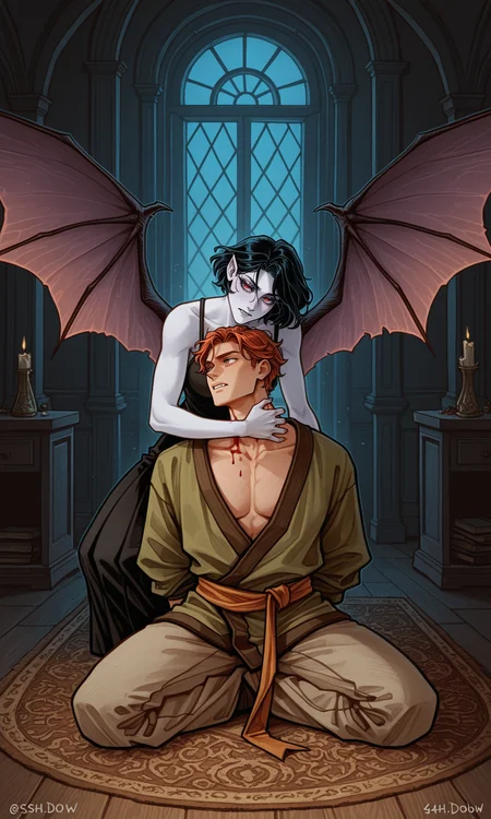 2characters, male/female, 1girl,Female Vampire, bat nose, woman, long eyelashes, big bat wings, fit body, Female pale skin, Biting a man's neck behind his back, BREAK,
1boy, human male, sitting, short hair, submissive male, male head tilt, A bite on the neck, blood,
Dark, dramatic pose, dramatic, indoors, Digital art, gloomy, macabre style,
s4sh4dow, room, colorful, <lora:SaShadowArt-illustrious:1>
