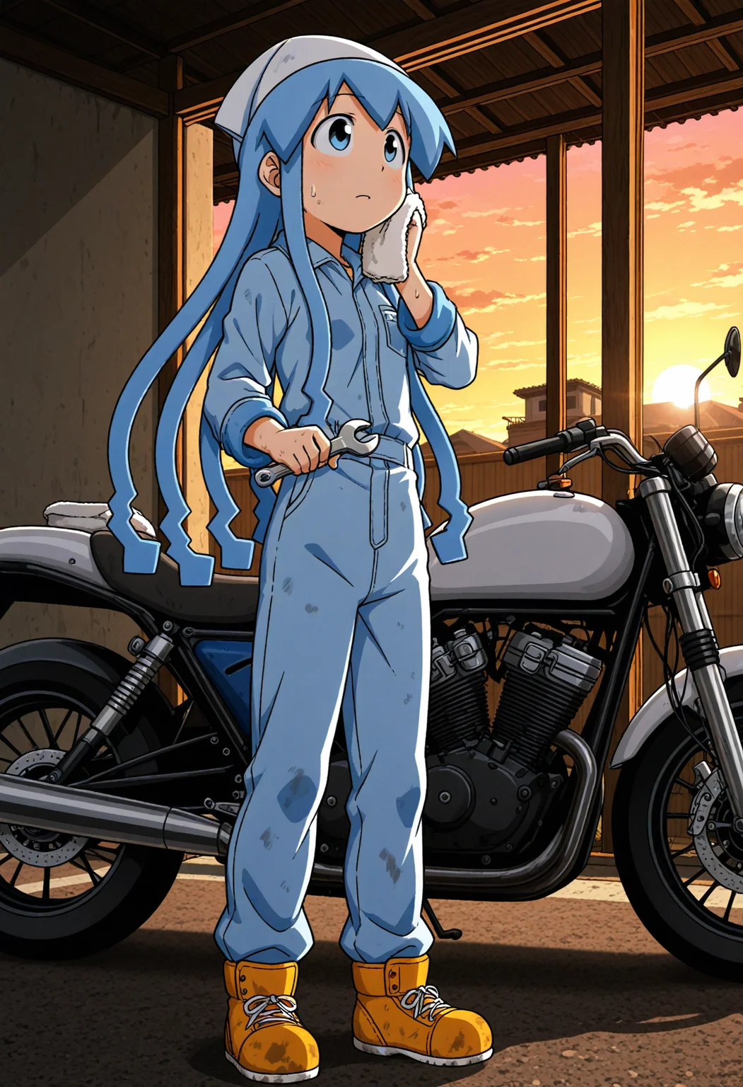 <lora:dmd2_sdxl_4step:1>, 1girl, <lora:ikmsm_illustrious_v7:1> ikmsm, ikamusume, white headwear, (jumpsuit:1.2), (safety shoes:1.4), dirty,
engineering, holding wrench, wiping off sweat, towel, looking up,
motorcycle garage, standing motorcycle, evening, sunset, full body,
general, masterpiece, best quality, very aesthetic, absurdres, perfect lighting, anime coloring,