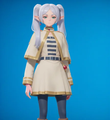 highly detailed, (upper body:1.3), (standing, holding an old travel briefcase, looking at viewer:1.3), (blue background, solid background:1.2), ((1girl, solo, flat chest, fully clothed, looking at viewer, sousou no frieren, elf, pointy ears, frieren, twintails, pantyhose, white capelet, capelet, brown footwear, green eyes, long hair, jewelry, boots, earrings, black pantyhose, shirt, long sleeves, parted bangs, striped shirt, striped clothes, standing, white hair, grey hair, skirt, white skirt, serious expression, dress, belt, white dress, gold trim:1.4)), <lora:Fortnite_Nemia_Demonically_Cute_Set_ILXL_E41_16_DIM:1>