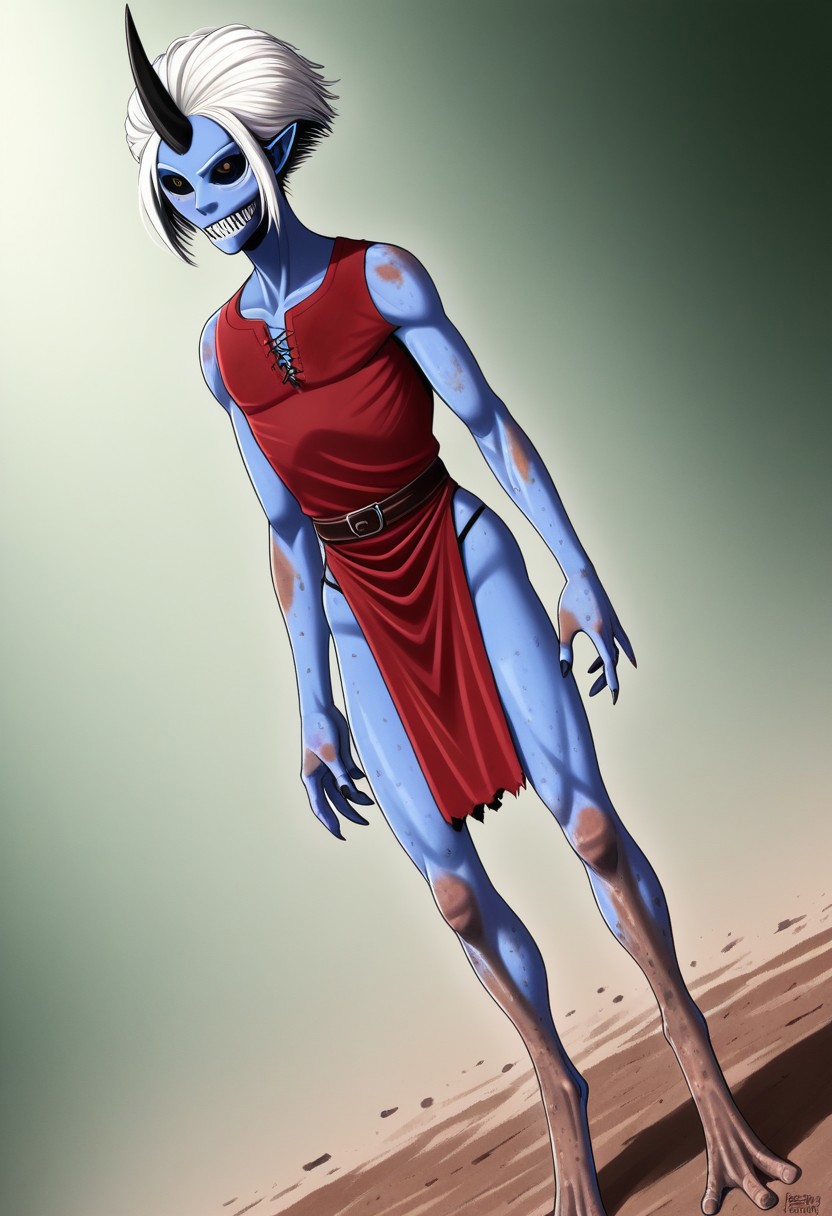 ((Alien humanoid)), solo, androgynous, aquatic features 
blue skin, ((webbed skin between fingers)),
((nostrils only, nostril slits, vertical nasal slits, narrow nostrils)):1.6, ((narrow eyes)), ((black sclera, black irises)), smooth skin,  pointy ears, small ears, tiny ears, holes in skin, forehead horn, short horn, veiny horn, ((single horn)):1.0, ((4 fingers)), fingernails, thin lips, ((white hair)), ((short hair, spiky hair)), sharp teeth, ((digitigrade legs)), bent legs,
full body shot
ragged clothes, muddy clothes, loincloth, tunic, dirty
Medieval style, fantasy style,
style: r1n,
((Variety)):1.2
((dutch angle))
river background
fully clothed, loose clothing, clean lines, smooth colors, detailed fingers, sfw, source: semi-realistic, rating: pg, score: 8 up, score: 9