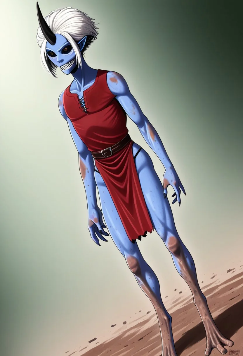 ((Alien humanoid)), solo, androgynous, aquatic features 
blue skin, ((webbed skin between fingers)),
((nostrils only, nostril slits, vertical nasal slits, narrow nostrils)):1.6, ((narrow eyes)), ((black sclera, black irises)), smooth skin,  pointy ears, small ears, tiny ears, holes in skin, forehead horn, short horn, veiny horn, ((single horn)):1.0, ((4 fingers)), fingernails, thin lips, ((white hair)), ((short hair, spiky hair)), sharp teeth, ((digitigrade legs)), bent legs,
full body shot
ragged clothes, muddy clothes, loincloth, tunic, dirty
Medieval style, fantasy style,
style: r1n,
((Variety)):1.2
((dutch angle))
river background
fully clothed, loose clothing, clean lines, smooth colors, detailed fingers, sfw, source: semi-realistic, rating: pg, score: 8 up, score: 9
