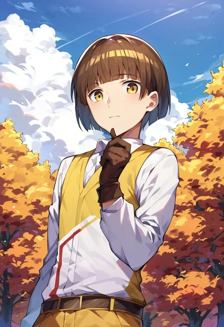 score_9, score_8_up, score_7_up, source_anime, highly detailed,
deimne, solo, 1boy, male focus, straight hair, brown hair, fringe, stripe, hair, yellow eyes, large hair, bangs, middle stripe, gloves, looking at viewer, brown gloves, pantyhose, whit panthyhose, shirt, white shirt, yellow tunic, Bob cut, hair middle stripe,
outdoor, sky, tree, clouds