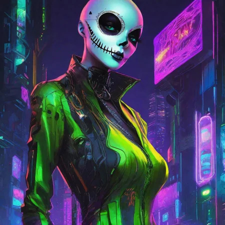 creepy Cyberpunk artwork inspired by Jack Skellington from The Nightmare Before Christmas, set in a futuristic fashion cyberpunk universe. Sexy, Emphasize her seductive allure, beautiful face, perfect eyes, perfect nose shape, perfect lips, perfect hands, vibrant green foliage, neon-lit cityscape, and intricate cybernetic enhancements. Capture the essence of danger and allure in this cyberpunk masterpiece., cyberpunk style
Negative Prompt