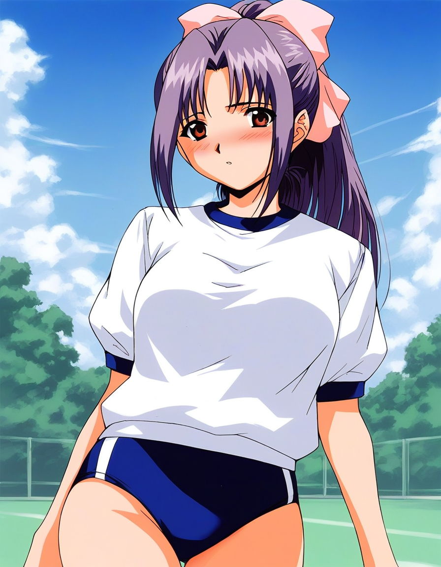 score_9, score_8_up, score_7_up, source_anime, rating_explicit, BREAK  <lora:Koigakubo_Momoko_Ver2_XL:1> koigakuboMomoko, purple hair, long hair, hair bow, brown eyes, ponytail, pink bow, blush, solo,
gym uniform,white shirt, dark blue buruma, breasts,
sky, outdoor,