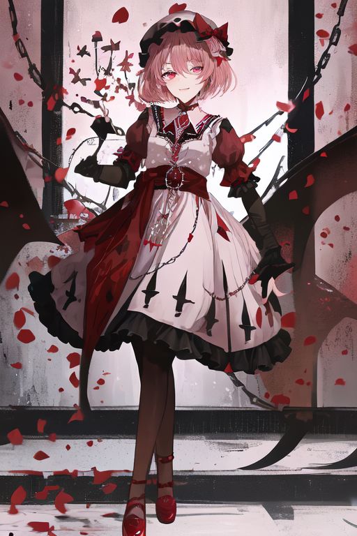 embroidery, jewelery, gown, frills, gloves/elbow gloves, high heels/shoes, pantyhose/thighhighs, remilia_scarlet_(koumajou_densetsu), solo, 1girl, smile, short_hair, shirt, red_eyes, bow, blush, hat, ribbon, dress, hair_ornament, frills, blue_hair, jewelry, puffy_sleeves, short_sleeves, red_bow, wings, mob_cap, nail_polish, pink_eyes, flower, ascot, pantyhose, sidelocks, detached_sleeves, hat_ribbon, shoes, pointy_ears, grin, wrist_cuffs, bat_wings, sword, fingernails, white_headwear, black_pantyhose, high_heels, hat_bow, collar, fang, sash, black_gloves, choker, petals, white_dress, fingerless_gloves, polearm, lips, hair_flower, expressionless, frilled_sleeves, hat_flower, brooch, pink_dress, red_sash, armband, sharp_fingernails, frilled_dress, collared_dress, coat, wing_collar, red_footwear, spear_the_gungnir, long_fingernails, light_purple_hair, eyelashes, bridal_gauntlets, cross, clenched_teeth