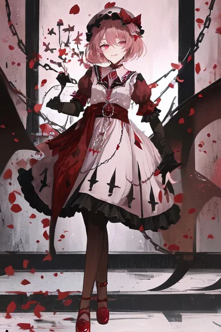 embroidery, jewelery, gown, frills, gloves/elbow gloves, high heels/shoes, pantyhose/thighhighs, remilia_scarlet_(koumajou_densetsu), solo, 1girl, smile, short_hair, shirt, red_eyes, bow, blush, hat, ribbon, dress, hair_ornament, frills, blue_hair, jewelry, puffy_sleeves, short_sleeves, red_bow, wings, mob_cap, nail_polish, pink_eyes, flower, ascot, pantyhose, sidelocks, detached_sleeves, hat_ribbon, shoes, pointy_ears, grin, wrist_cuffs, bat_wings, sword, fingernails, white_headwear, black_pantyhose, high_heels, hat_bow, collar, fang, sash, black_gloves, choker, petals, white_dress, fingerless_gloves, polearm, lips, hair_flower, expressionless, frilled_sleeves, hat_flower, brooch, pink_dress, red_sash, armband, sharp_fingernails, frilled_dress, collared_dress, coat, wing_collar, red_footwear, spear_the_gungnir, long_fingernails, light_purple_hair, eyelashes, bridal_gauntlets, cross, clenched_teeth