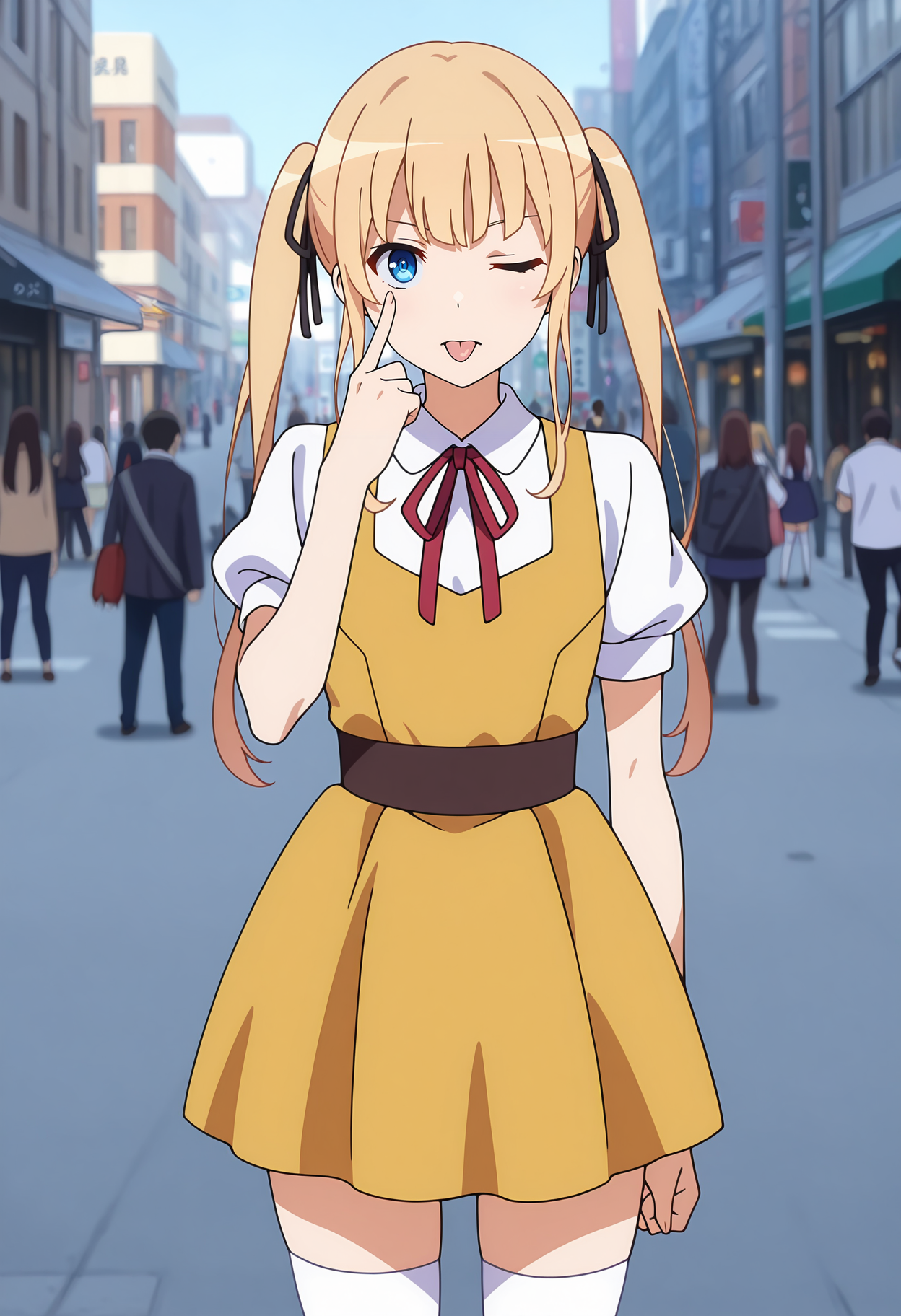 anime screencap, masterpiece, best quality,
<lora:Saekano_SawamuraSpencerEriri_IlluXL:0.9>,
1girl, akanbe, eyelid pull, one eye closed, tongue out,
twintails, long hair, blonde hair, blue eyes, hair ribbon, black ribbon,
neck ribbon, red ribbon, pinafore dress, yellow dress, white shirt, puffy short sleeves, brown sash,
white thighhighs,
arm at side, standing, looking at viewer, cowboy shot, straight-on, 
street, city, people, photo background, blurry background