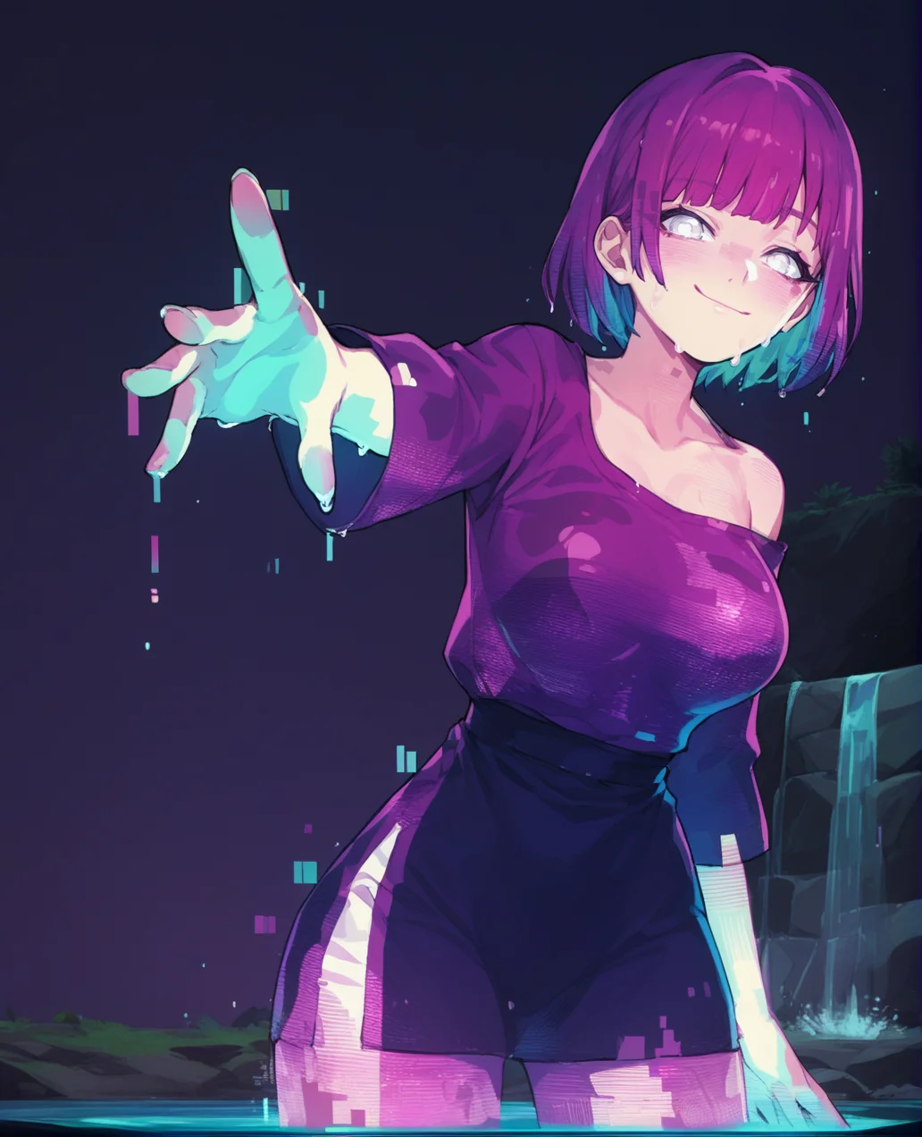 score_9,score_8_up,score_7_up,score_6_up, source anime BREAK,
1girl, solo,
hologram, holographic girl, glowing, smug, rainbow, water, waterfall, wet,
cowboy shot, dark background, looking at viewer, short hair, bangs, large breasts, glitch, white eyes, dark,
<lora:hologram_v1_0_c16:1.0>