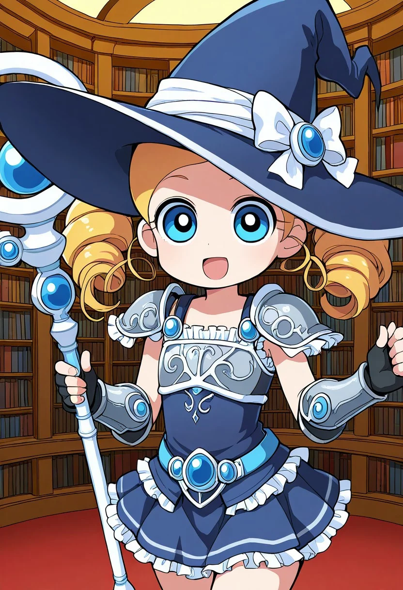 1girl, solo, ppgzmiyako, witch hat, frills, witch, holding staff, looking at viewer, excited, indoors, library, short skirt, armor, shortstack, flat chest,