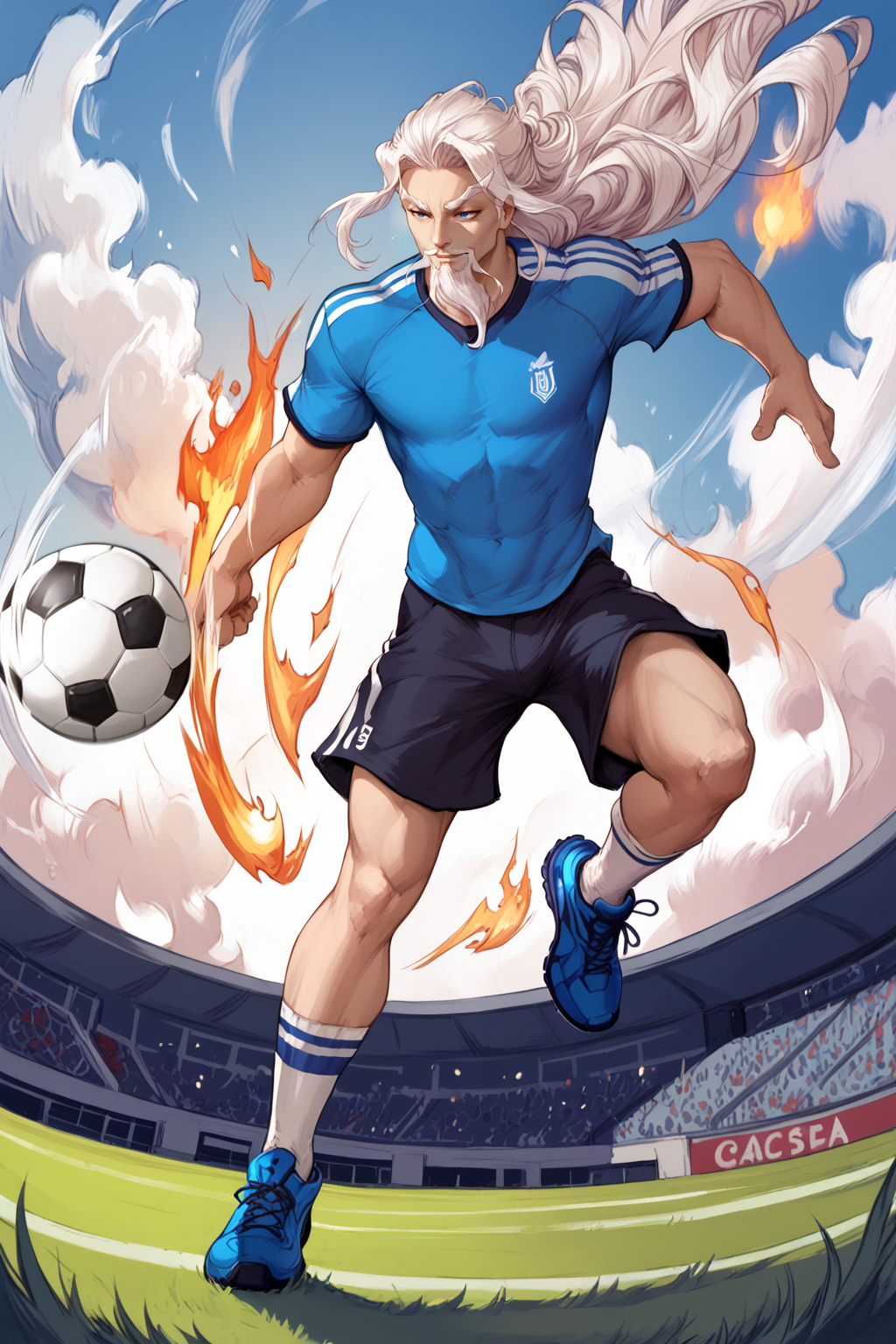 score_9, score_8_up, score_7_up, masterpiece, high quality, extreme detail, absurdres, (detailed skin texture) BREAK realistic, smirk
 <lora:Ji TiandaoPonyLora:0.8>jitiandao, long hair, thick eyebrows, white hair, facial hair, long beard, mustache, old, soccer outfit, stadium, grass, soccer ball, dynamic pose, shorts, shoe on fire, motion lines, speed lines
