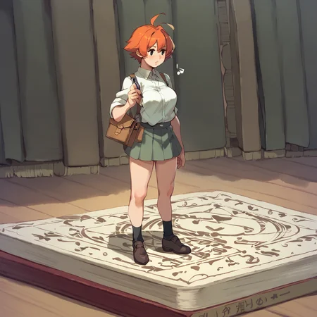 on a table, tiny person, medium breasts, <lora:mini-people:1> (((minipoeple, minigirl,))) standing next to books, large breasts, solo, 1girl, large books stacked in the background, short tomboy hair, standing on a note pad <lora:RD-MAnon-XLV1.1:1> holding a pen like a spear,, source_anime, score_9_up, score_7_up, score_8_up