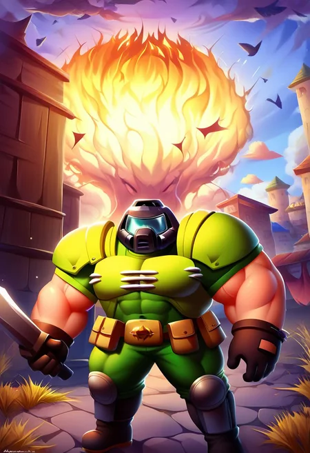 ,score_9, score_8_up, score_7_up,<lora:brawl_style_1_2_R:0.8>, 1boy, brawl, SFW, bodybuilding, massive pectoral, beefy muscle, thick legs, large pectoral, black man, brawl, doomguy, armor, helmet, bald, Miltary Base Scenery