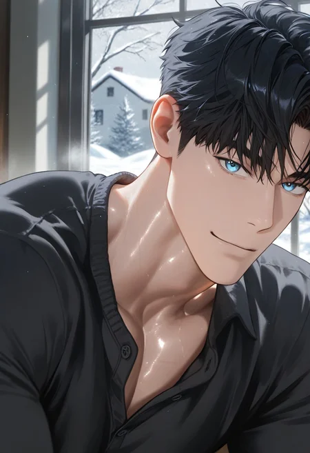 //General, masterpiece,best quality,amazing quality, source_anime, intricately detailed illustration, very aesthetic, absurdres, newest, anime coloring, subsurface scattering, , natural lighting, Expressiveh, detailed skin, shiny skin,aesthetics light, depth of field, vibrant colors,
//Fashion, black shirt, long sleeves,
//Background, castle interior, indoors, snow background outside the window,
//Others, 1boy, male focus, solo male, manly body,
//Action, looking at viewer, light smile, close up, upper body,
BREAK,
Black Hair , Light Blue Eyes, Kang Woojin