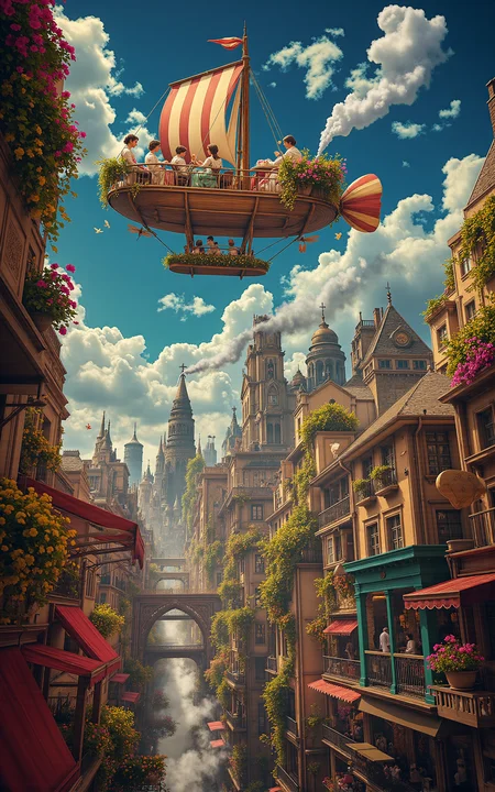 an ornate floating airship garden where Victorian ladies in pastel dresses sip tea surrounded by potted flowers and hovering brass dragonflies,view opens up to reveal an immense gear-filled city below,steam rising between rooftops,glowing signs and rotating cogs creating rhythmic shadows,vibrant lighting with backlit clouds,vivid storybook style,
<lora:aidmaMJ6.1v0.4:0.6>,aidmaMJ6.1,<lora:detailifier_sd3.5:0.8>,detailifier,