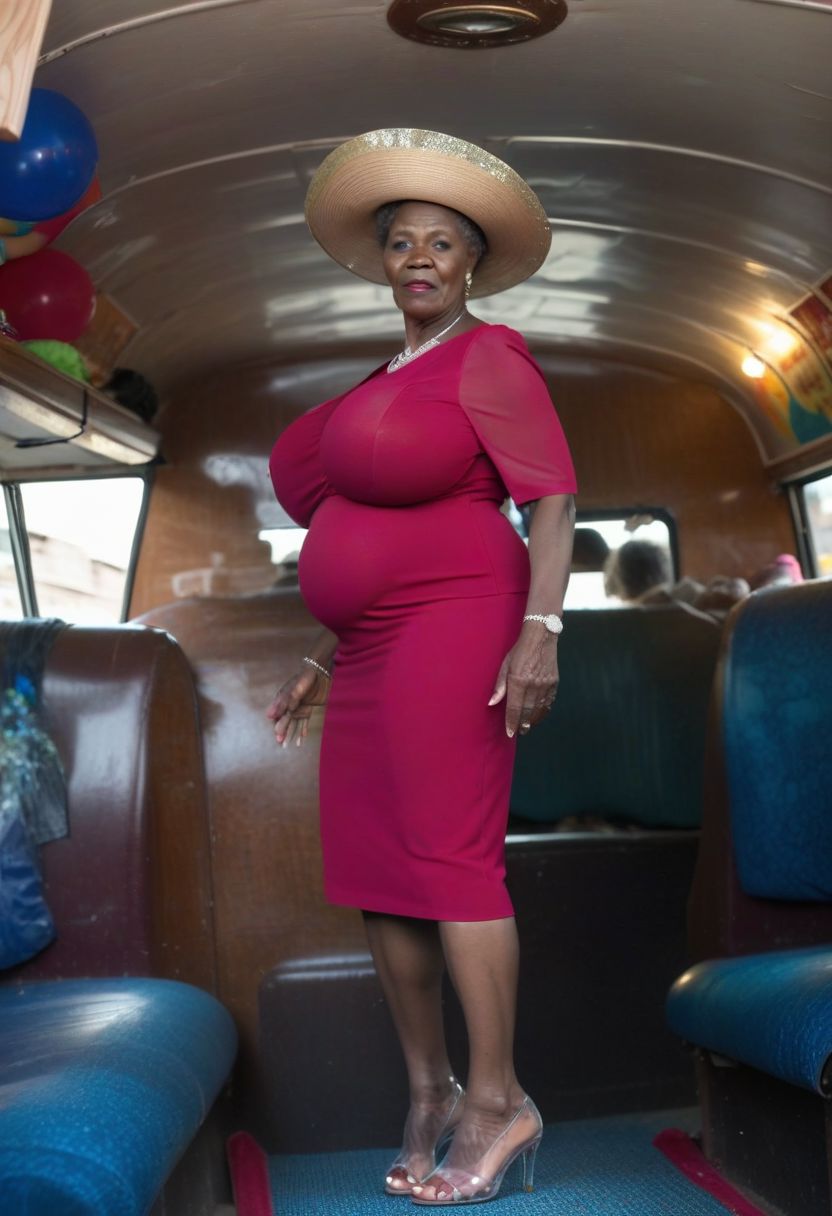 (Full body photo woman is visible from head to toe in her dress and high heels:1.4),photography, color, (Uganda female), (60 years old (grandmother:0.7):1.6),with short hair  ((wearing church blouse with church hat:1.6)) and (very high  platform heels) (((standing  (under mind-control:2.5)on her tippy toes  in full view inside  (slum party bus:2.0)))),(large diamond satanic spiral pendant:1.5)
 (her deeply pigmented ebony skin), (big hard nipples), (the largest macromastia tits), (extremely colossal boobs:2.6), (ultra busty hyper bimbo), (flawless boobs), (oiled nipples), (giant large dark areolas), (giant large black areolas), (very large and round areolas ), (giant areolas completely covering the breasts), (stiff long nipples), (saggy tits), (color photo), realistic, big areolas, giant boobs, (breast expansion),
break (9-inch high semi transparent open-toe high heels:2.6) (1990s's slum(ghetto dirty party bus ):2.0) (big wide ass)