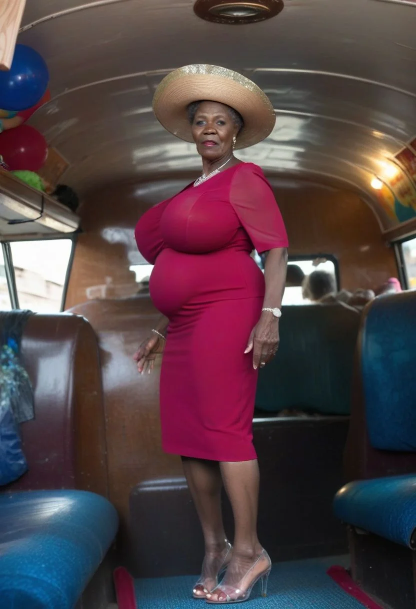 (Full body photo woman is visible from head to toe in her dress and high heels:1.4),photography, color, (Uganda female), (60 years old (grandmother:0.7):1.6),with short hair ((wearing church blouse with church hat:1.6)) and (very high platform heels) (((standing (under mind-control:2.5)on her tippy toes in full view inside (slum party bus:2.0)))),(large diamond satanic spiral pendant:1.5)
(her deeply pigmented ebony skin), (big hard nipples), (the largest macromastia tits), (extremely colossal boobs:2.6), (ultra busty hyper bimbo), (flawless boobs), (oiled nipples), (giant large dark areolas), (giant large black areolas), (very large and round areolas ), (giant areolas completely covering the breasts), (stiff long nipples), (saggy tits), (color photo), realistic, big areolas, giant boobs, (breast expansion),
break (9-inch high semi transparent open-toe high heels:2.6) (1990s's slum(ghetto dirty party bus ):2.0) (big wide ass)