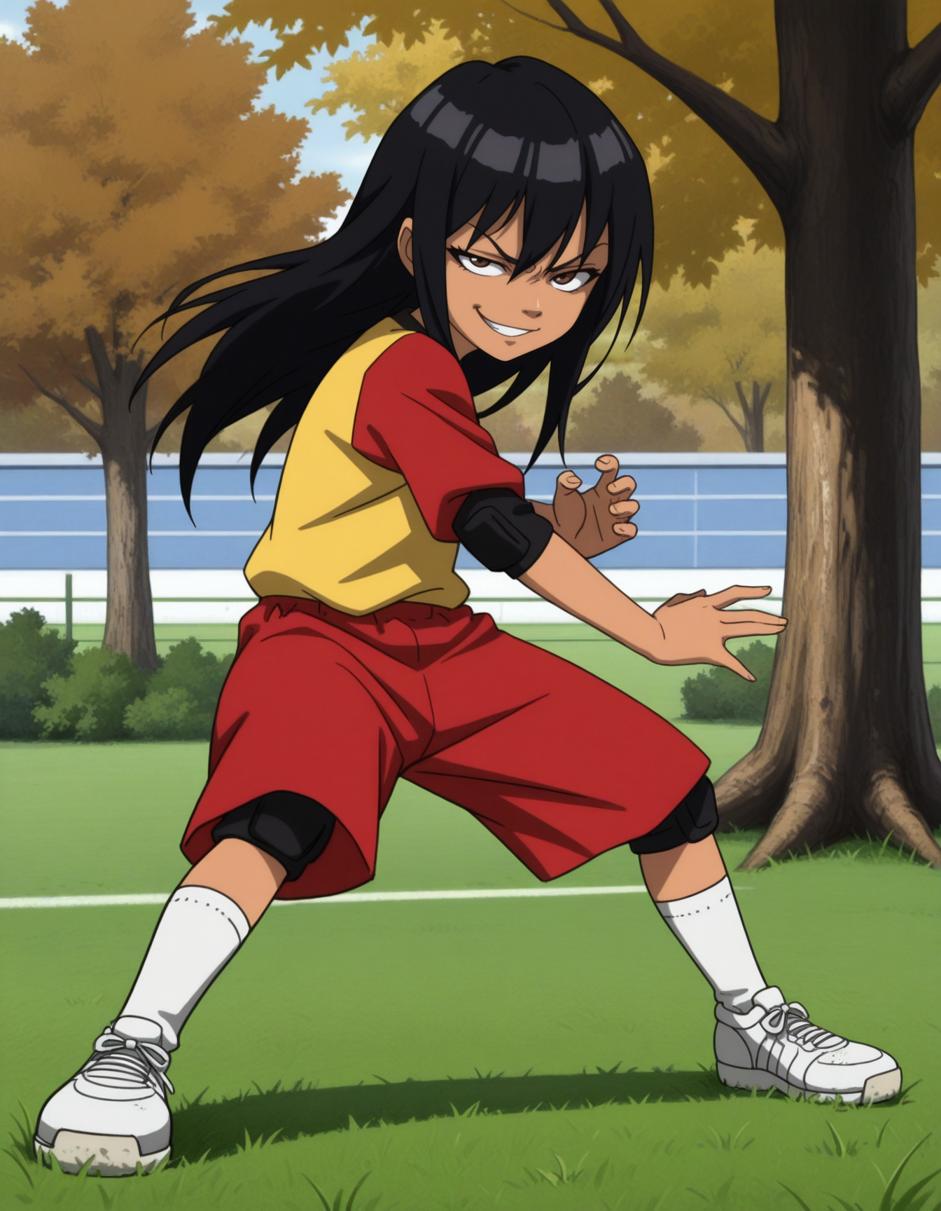detailed, masterpiece, best quality, 
soccer uniform, sneakers, socks, 
outdoors, 
1girl, solo, looking at viewer, 
xmingx, black hair, long hair, brown eyes, dark-skinned female, <lora:tb-minglongdou:1>,