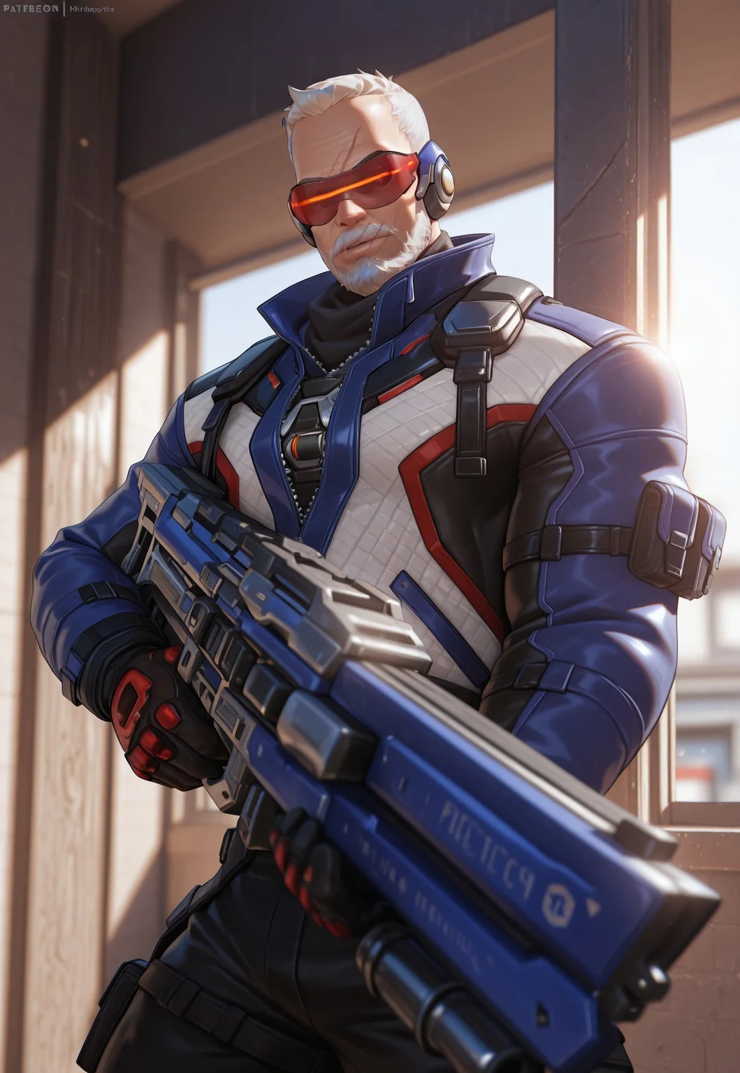 3d, realistic, (1boy, soldier: 76 \(overwatch\), bara, mature male, new76, very short hair, white hair, blue eyes, beard, mustache, scar on face, old man, jacket, black pant, gloves, visor, official alternate outfit), holding an assault rifle, looking at viewer, backlighting, sidelighting, depth of field, masterpiece, best quality, absurdres, newest, perfect quality, best quality, absolutely eye-catching, detailed background, intricate details