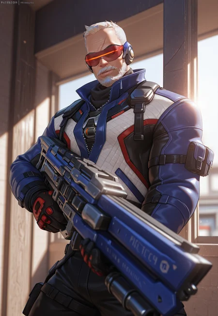 3d, realistic, (1boy, soldier: 76 \(overwatch\), bara, mature male, new76, very short hair, white hair, blue eyes, beard, mustache, scar on face, old man, jacket, black pant, gloves, visor, official alternate outfit), holding an assault rifle, looking at viewer, backlighting, sidelighting, depth of field, masterpiece, best quality, absurdres, newest, perfect quality, best quality, absolutely eye-catching, detailed background, intricate details