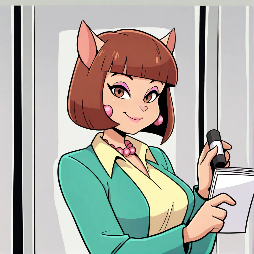 <lora:ann_gora_illustrious:1>, (masterpiece), (best quality), (ultra-detailed), amazing quality, very aesthetic, illustration, perfect composition, intricate details, absurdres, incredibly absurdres, ann gora, 1girl, solo, breasts, looking at viewer, smile, bangs, shirt, holding, jewelry, jacket, upper body, earrings, pointy ears, blunt bangs, necklace, lips, makeup, bob cut, green jacket, pearl necklace, catgirl, furry female, animal nose, cat ears, short hair, brown hair, bluntbangs, brown eyes, pink lipstick