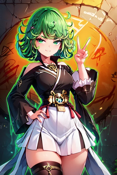 score_9, score_8_up, score_8, (big breasts:1), (curvy), cute, eyelashes, BREAK, Tatsumaki, green eyes, green hair, glowing, green glow, aura, energy, <lora:Tatsumaki_PDXL:0.8>, , ,,, hair ornament, thighhighs, long sleeves, bare shoulders, braid, :d, cowboy shot, black thighhighs, wide sleeves, blurry, hand on hip, v, blurry background, white skirt, single thighhigh ,,<lora:AzurPromiliaPDXL:1.0>, ,,, ,wide hips, hand on hip, smile, smug, BREAK, smile, looking at viewer, (graffiti:1.2), brick wall, embedding:zPDXL, Expressiveh, <lora:CatalystStylePDXL:0.6>, <lora:SDXLFaeTastic2400:0.5>, <lora:Expressive_H-000001:0.4>,