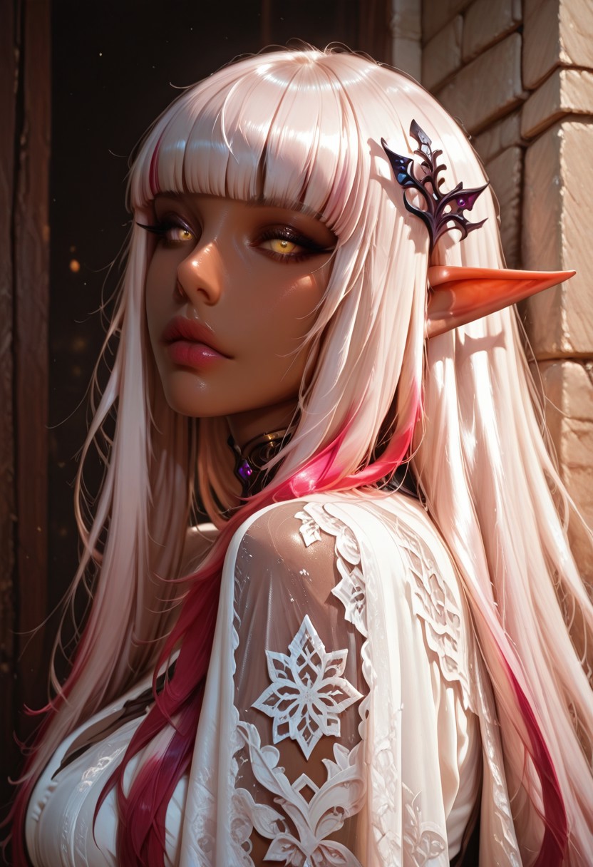 Realistic photo, best quality, (realistic: 1.4), (masterpiece: 1.4), vivid colors, absurdres, artist:moriimee,
BREAK 1girl, solo,
Evelyn celebrian, white long hair, blunt bangs, hair ornament, yellow eyes, elf, dark-skinned female,
