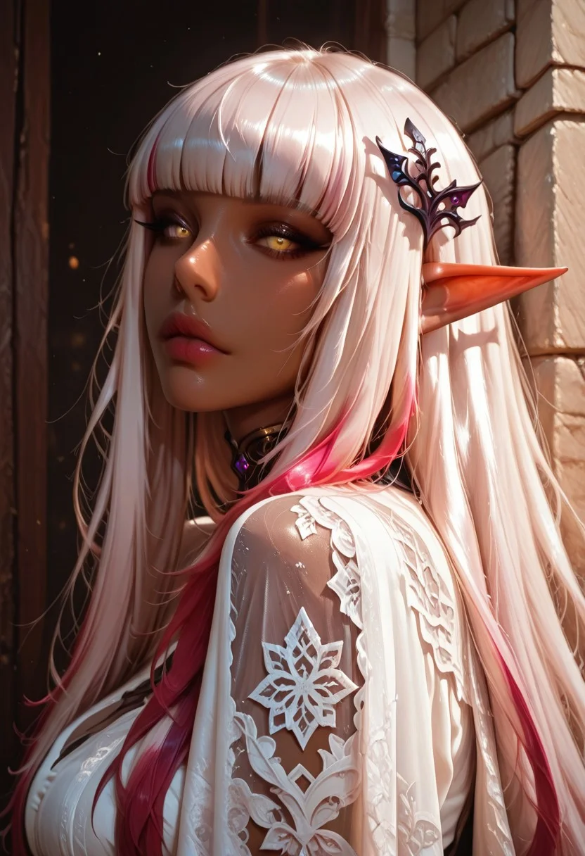 Realistic photo, best quality, (realistic: 1.4), (masterpiece: 1.4), vivid colors, absurdres, artist:moriimee,
BREAK 1girl, solo,
Evelyn celebrian, white long hair, blunt bangs, hair ornament, yellow eyes, elf, dark-skinned female,