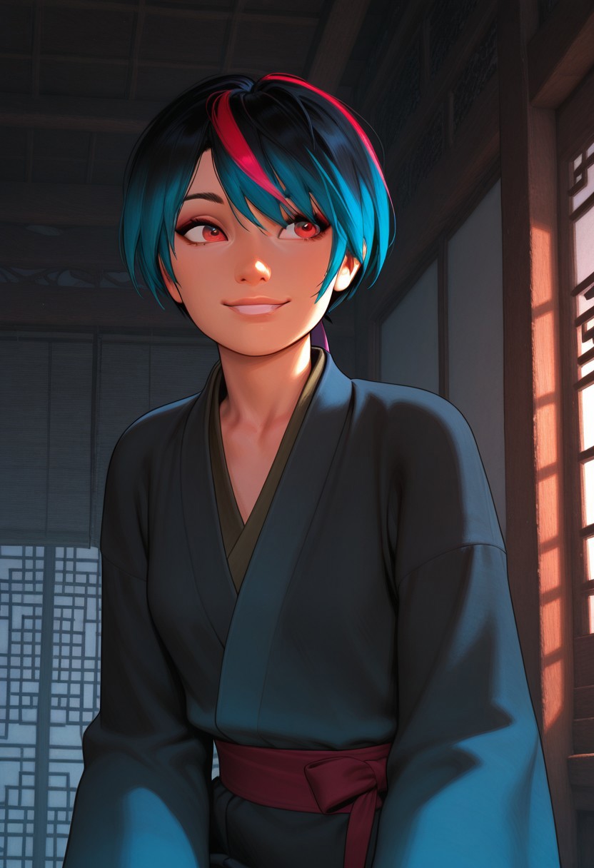 masterpiece,best quality,amazing quality,newest, absurdres, highres, detailed eyes, beautiful, perfect eyes, finely detailed face, very aesthetic, anime coloring, anime screencap, incoth, (incase:0.6), 
1girl, shiina, short hair, multicolored hair, slim, small breasts, kimono,
 smile,
 dynamic pose, energetic, motion lines,  
eastern asian architecture,