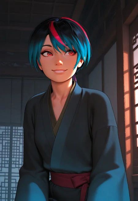 masterpiece,best quality,amazing quality,newest, absurdres, highres, detailed eyes, beautiful, perfect eyes, finely detailed face, very aesthetic, anime coloring, anime screencap, incoth, (incase:0.6), 
1girl, shiina, short hair, multicolored hair, slim, small breasts, kimono,
 smile,
 dynamic pose, energetic, motion lines,  
eastern asian architecture,