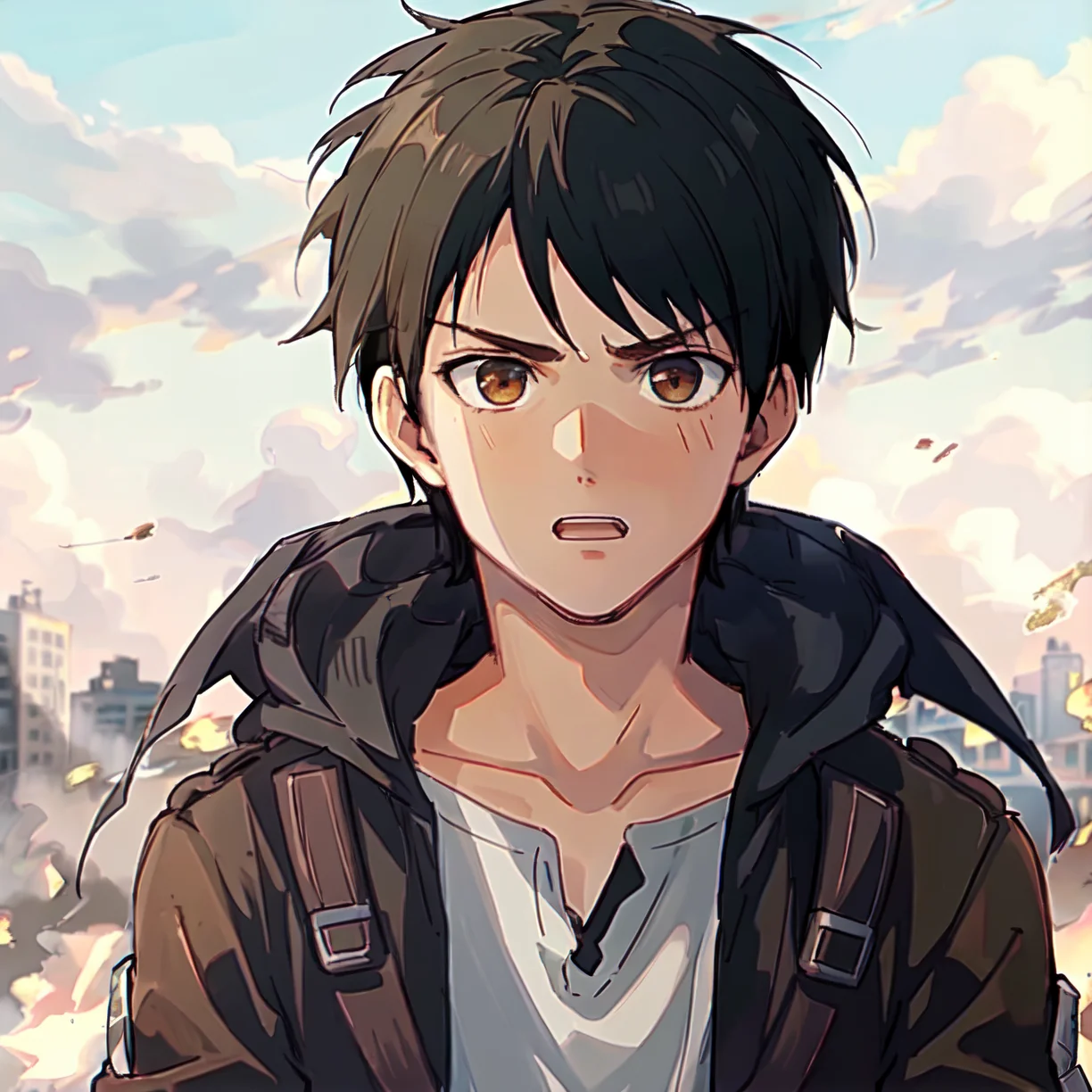 1boy, <lora:Eren Yeager:0.7>,highly detailed,high res, Eren Yeager,attack on titan,brown hair,solo, 1boy, outside, detailed eyes, close up, full face, angry, destroyed city,flames.black smoke