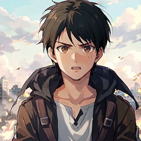 1boy, <lora:Eren Yeager:0.7>,highly detailed,high res, Eren Yeager,attack on titan,brown hair,solo, 1boy, outside, detailed eyes, close up, full face, angry, destroyed city,flames.black smoke