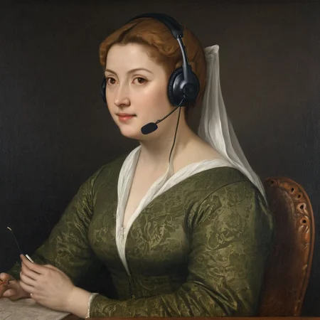 Painting of detailed of office lady with headset AH_Titian   <lora:Paintings_by_Titian_-_Venetian_Renaissance:1>
