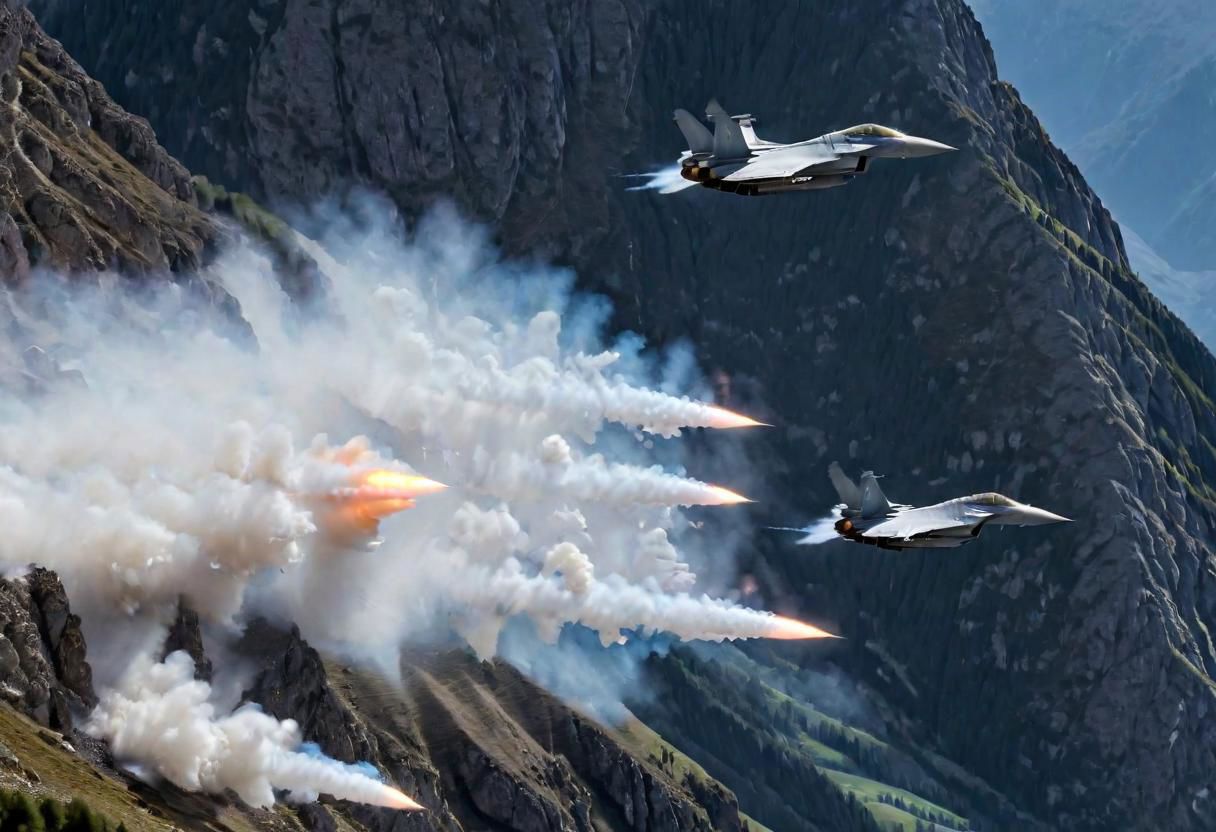 (Pilots flying the Euro Fighter jets between  mountains), (displaying the low level flying capabilities of the Euro Fighter jets), hitting amazing speeds as the tilt and wind through the  valleys and canyons, (view from side of euro fighter jets), (launching missiles with a stream of white vapors with flames), (a true display of military might power), (motion scenes), (pain staking attention to fine details of the jets) ,4k, surreal, (epic photography),