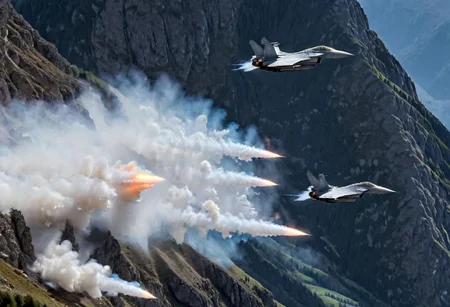 (Pilots flying the Euro Fighter jets between mountains), (displaying the low level flying capabilities of the Euro Fighter jets), hitting amazing speeds as the tilt and wind through the valleys and canyons, (view from side of euro fighter jets), (launching missiles with a stream of white vapors with flames), (a true display of military might power), (motion scenes), (pain staking attention to fine details of the jets) ,4k, surreal, (epic photography),
