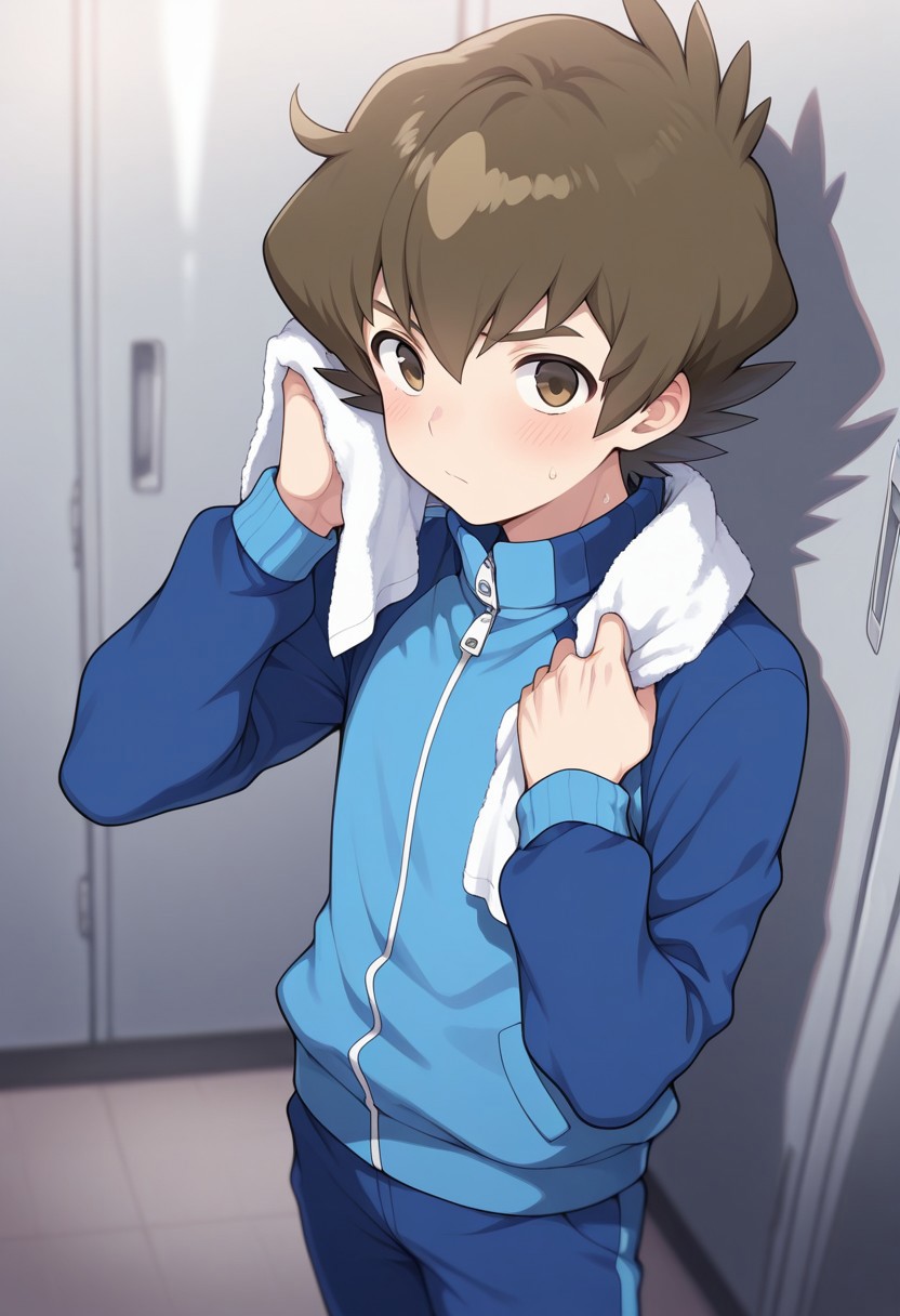 masterpiece,best quality,amazing quality, 
bayamano, 1boy, male focus, solo, brown eyes, brown hair, track suit, indoor, towel around neck,