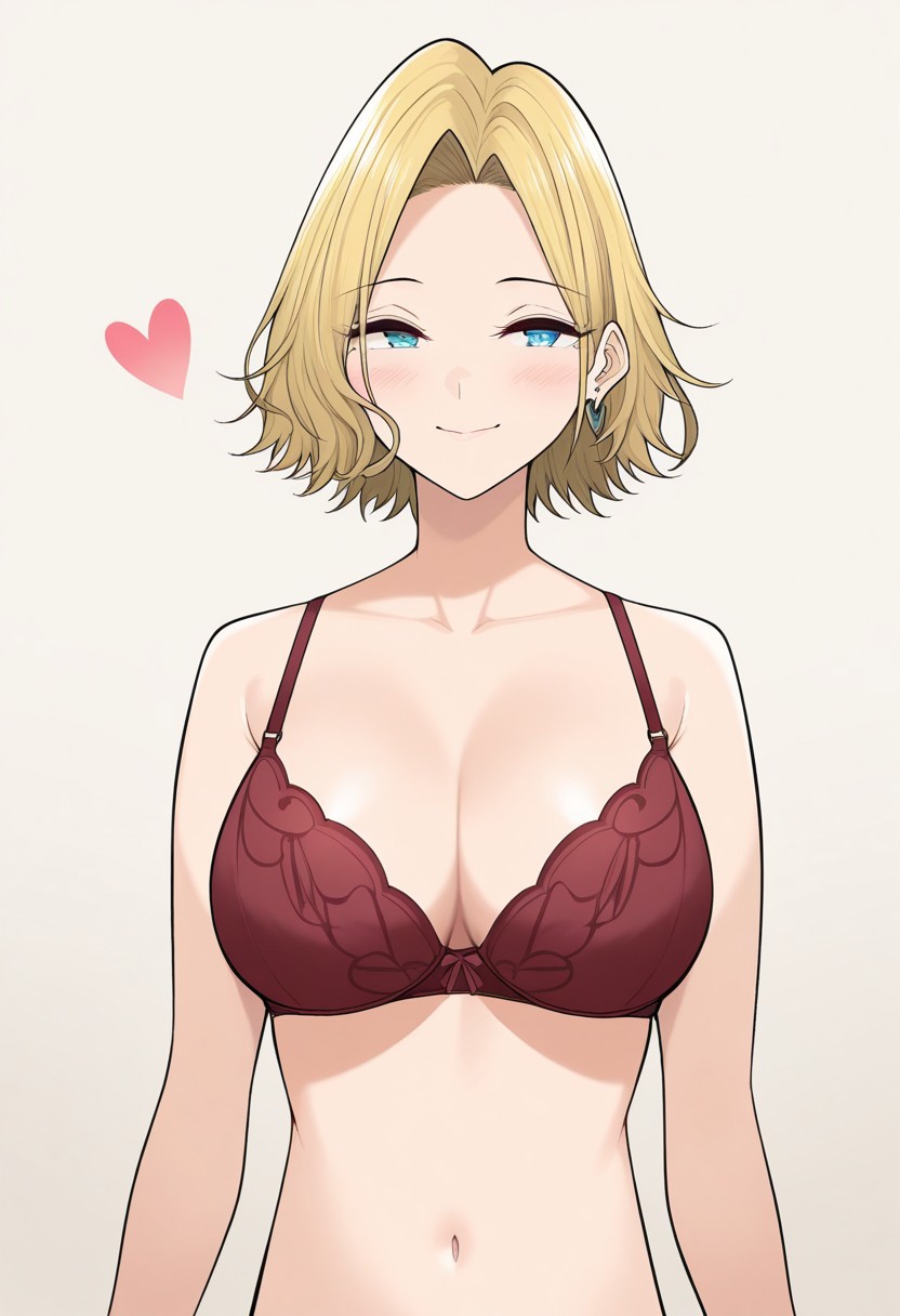 score_9, score_8_up, score_7_up, source_anime,(extremely detailed CG), (best quality), 
1girl,  blonde hair, jewelry, earrings, smile, blue eyes, solo,  short hair, meme, portrait, heart, simple background, reina, perm,bra, breasts,navel,