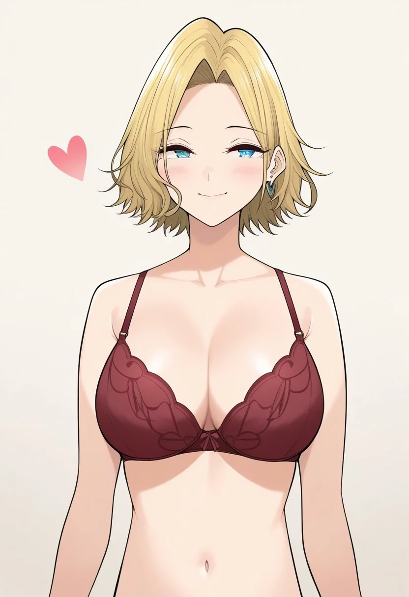 score_9, score_8_up, score_7_up, source_anime,(extremely detailed CG), (best quality),
1girl, blonde hair, jewelry, earrings, smile, blue eyes, solo, short hair, meme, portrait, heart, simple background, reina, perm,bra, breasts,navel,