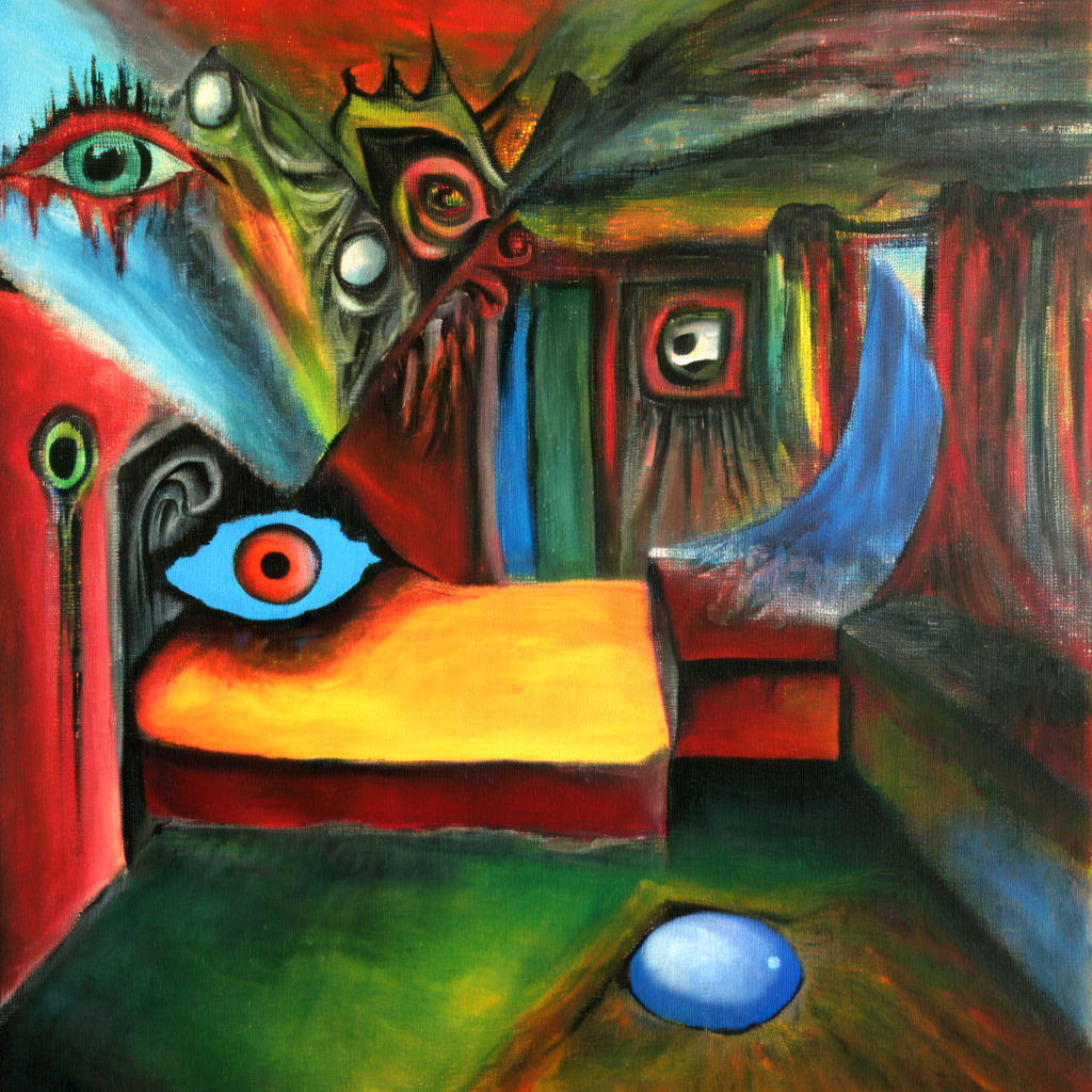 corcoc2s colorful bedroom with an eye on the bed surrealistic<lora:corcoc2s:1>