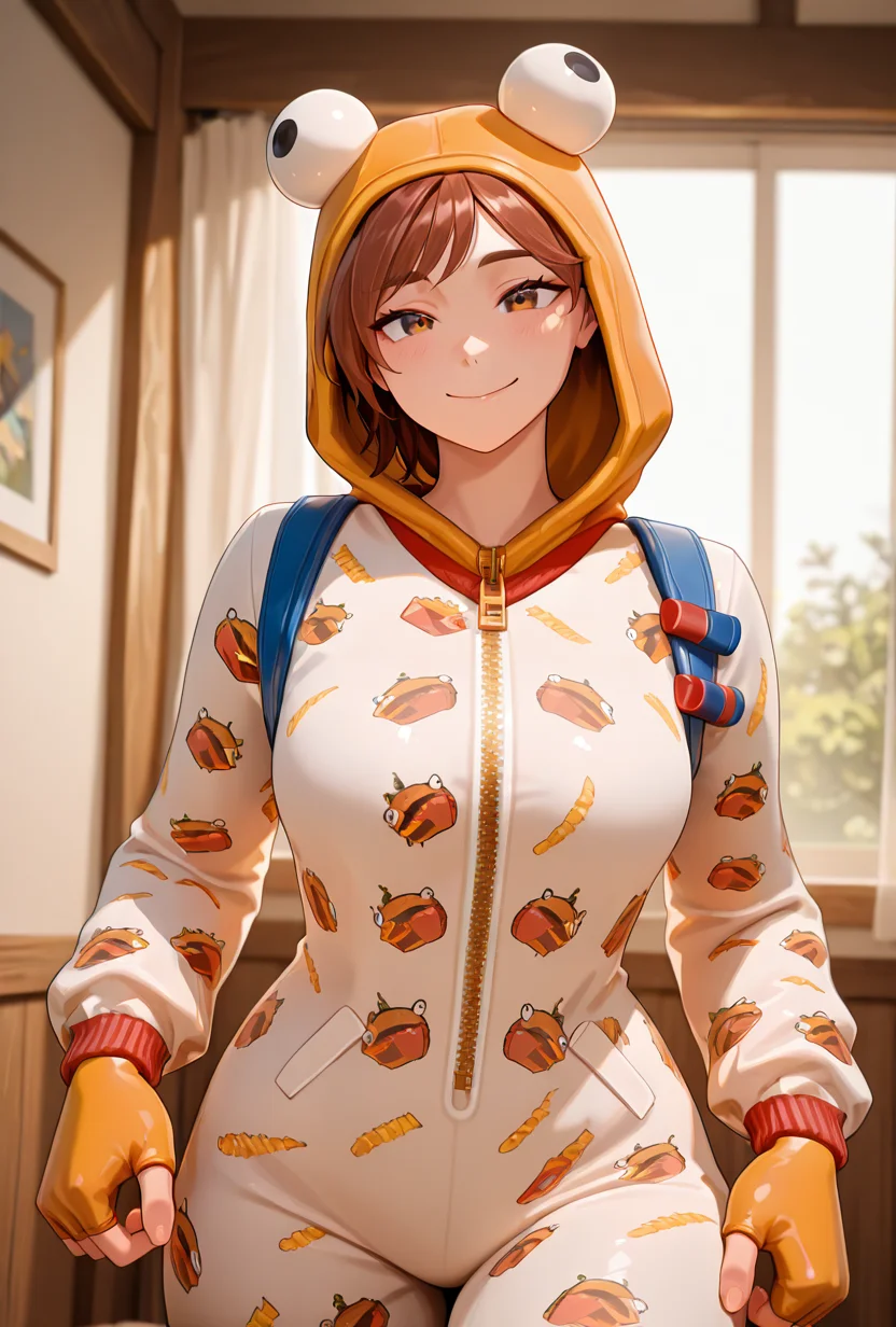<lora:ilonesie-10:1> onesie, 1girl, orange hood, solo, brown hair, smile, orange fingerless gloves, , zipper, animal print, white onesie, masterpiece, best quality, amazing quality, very aesthetic, absurdres, newest,
